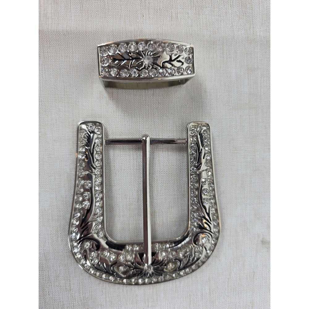 Silver Tone and Rhinestone Pin Style Belt Buckle with Belt Loop Western